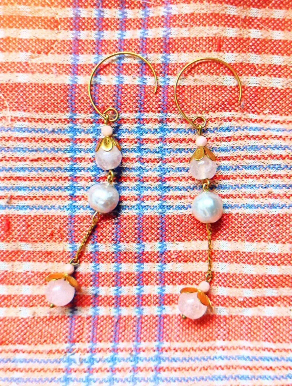 Handmade Rose Quartz and Pearl Blossom Drop Earrings